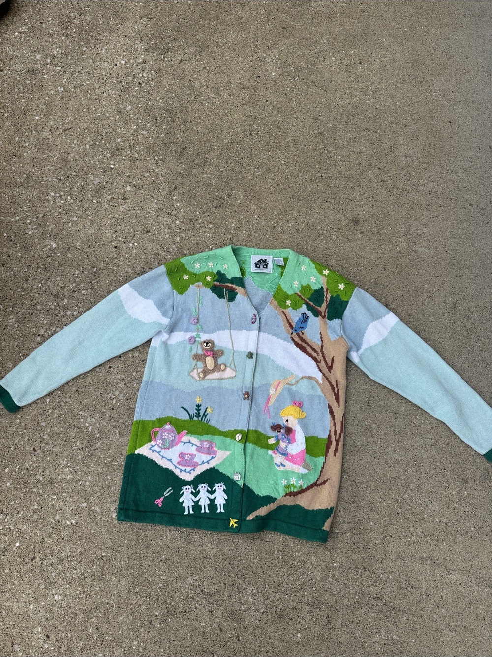 Vintage 90s Storybook Knits Park Picnic Sweater Cardigan Size M